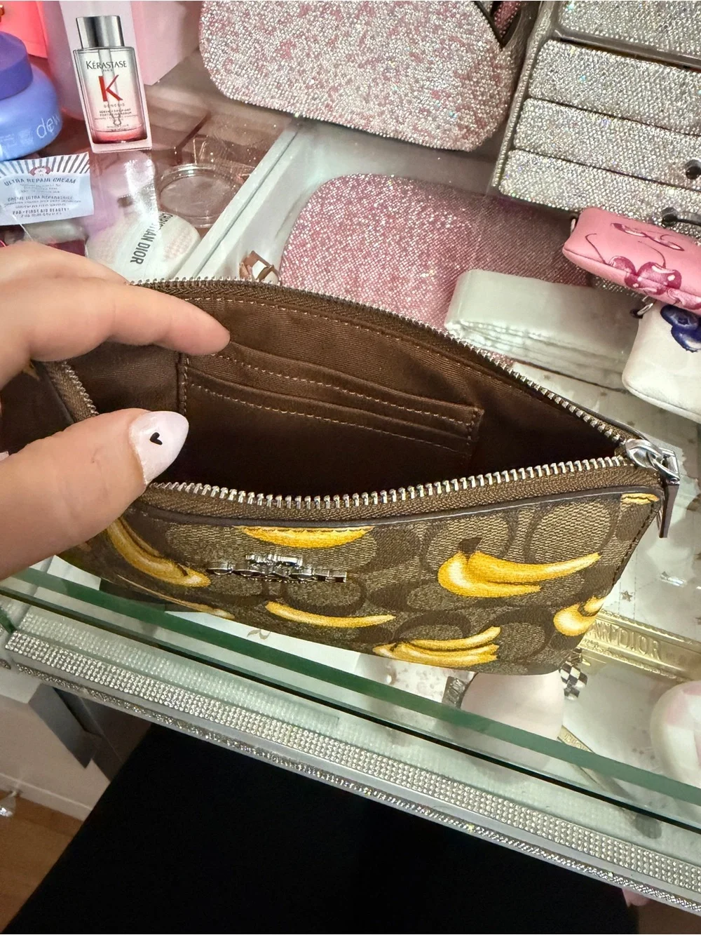 New.Coach Brown Signature Canvas Wristlet with Yellow Banana Print